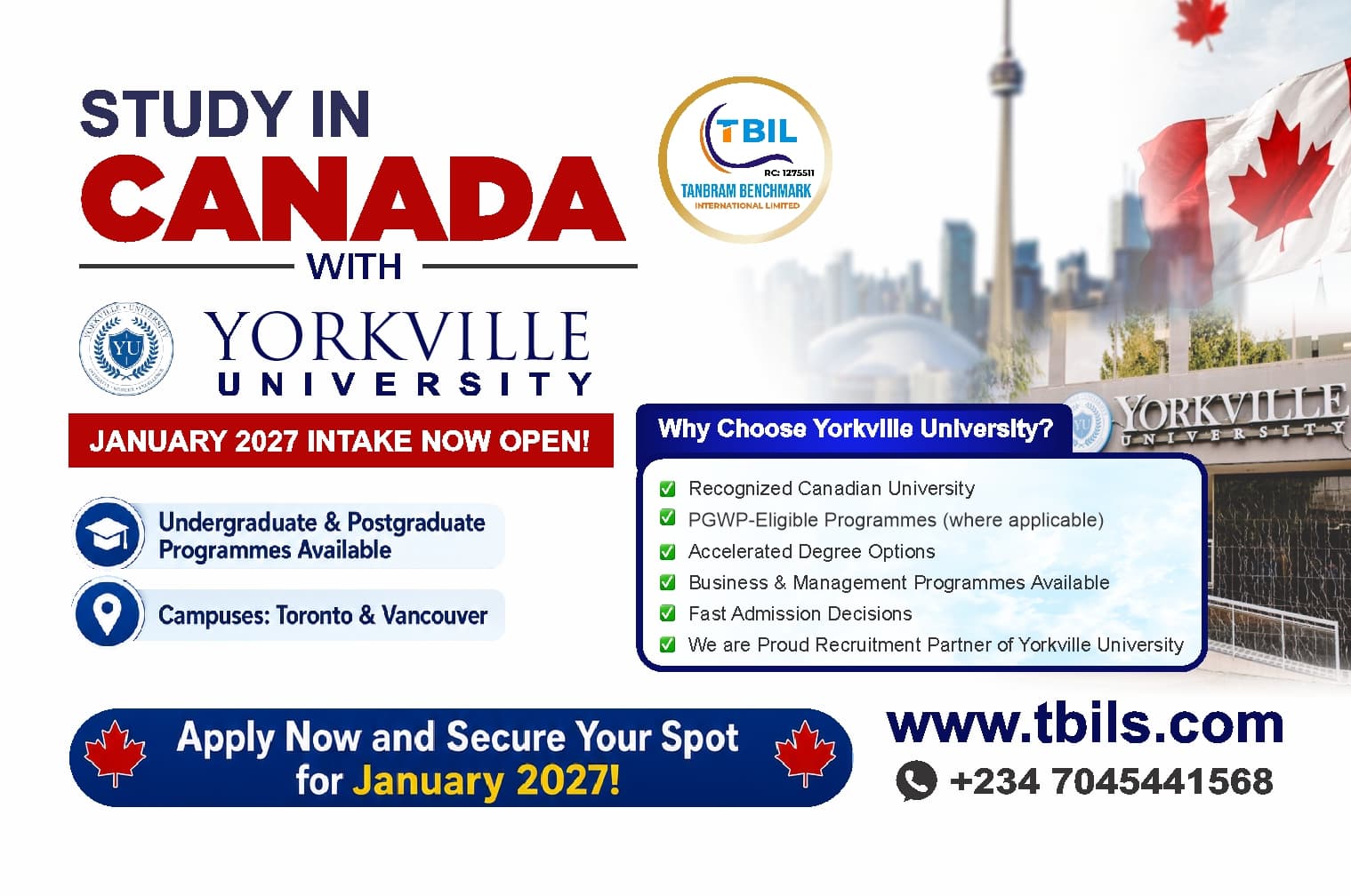 Study in Canada with Yorkville University — January 2027 intake, Toronto and Vancouver campuses, via TBILS Nigeria